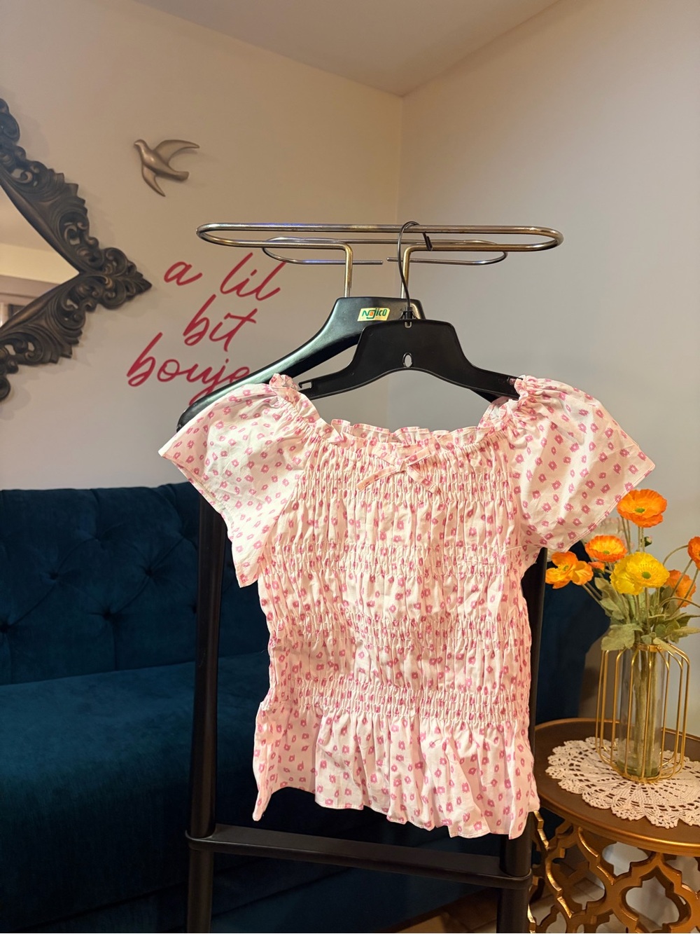 Star Ride Pink Smocked Off-Shoulder Floral Peplum Top for Kids